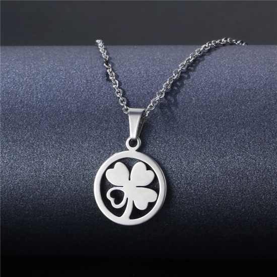 Picture of 304 Stainless Steel Link Cable Chain Findings Necklace Silver Tone Round Flower 45cm(17 6/8") long, 1 Piece