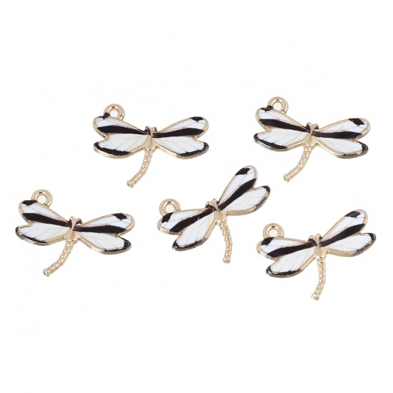 Picture of Zinc Metal Alloy Charms Dragonfly Animal Light Golden Black & White Enamel 22mm( 7/8") x 17mm( 5/8"), 10 PCs