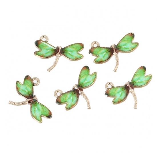 Picture of Zinc Metal Alloy Charms Dragonfly Animal Light Golden Green Enamel 22mm( 7/8") x 17mm( 5/8"), 10 PCs