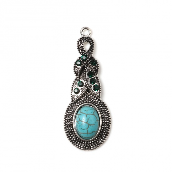 Picture of Zinc Based Alloy & Turquoise Pendants Irregular Antique Silver Color Green Blue Dark Green Rhinestone 51mm x 20mm, 5 PCs