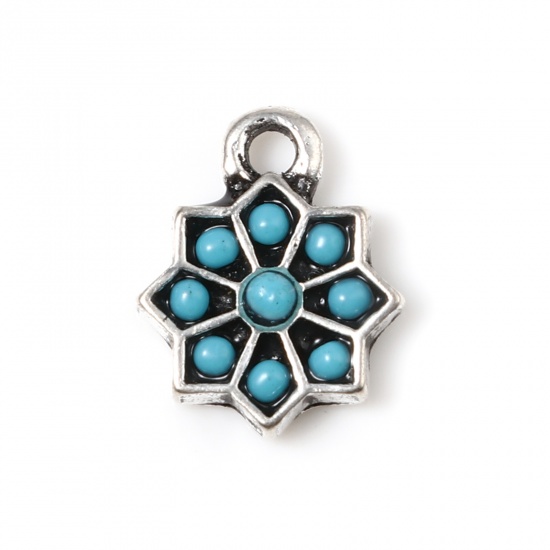 Picture of Zinc Based Alloy & Turquoise Charms Flower Antique Silver Color Green Blue 12mm x 10mm, 5 PCs