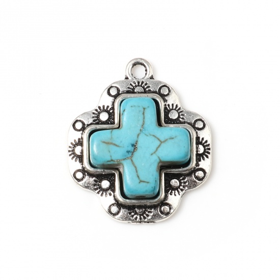 Picture of Zinc Based Alloy & Turquoise Boho Chic Bohemia Charms Cross Antique Silver Color Green Blue 25mm x 22mm, 5 PCs