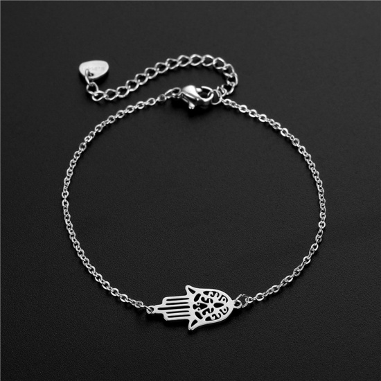 Bild von Titan Edelstahl Religiös Gliederkette Kette Armband Silberfarbe Hamsa Symbol Hand 16cm lang, 1 Strang