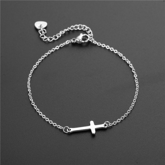 Bild von Titan Edelstahl Religiös Gliederkette Kette Armband Silberfarbe Kreuz 16cm lang, 1 Strang