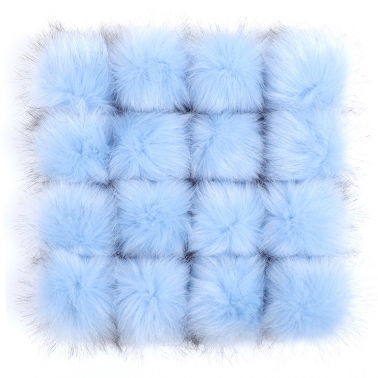 Picture of Artificial Fiber Gummiband Gummiband Pom Pom Balls With Rubber Band Skyblue Ball Faux Fox Fur 8cm Dia., 6 PCs
