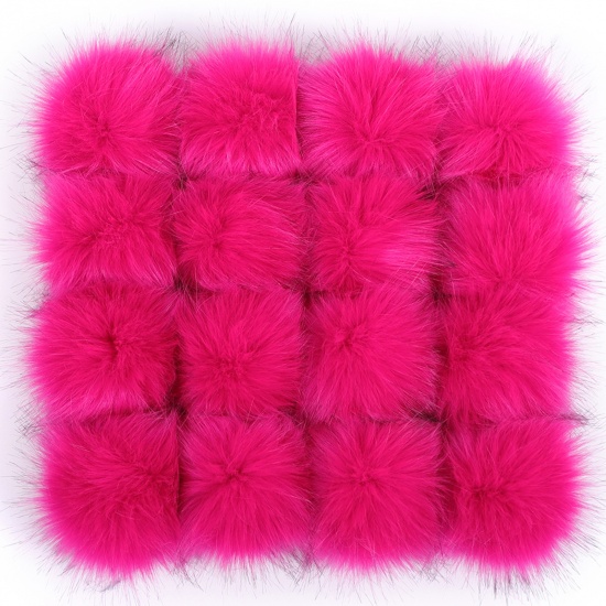 Picture of Artificial Fiber Gummiband Gummiband Pom Pom Balls With Rubber Band Fuchsia Ball Faux Fox Fur 8cm Dia., 6 PCs