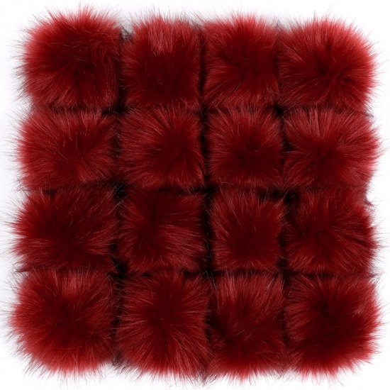 Picture of Artificial Fiber Verdeckter Knopf Pom Pom Balls With Snap Button Wine Red Ball Faux Fox Fur 8cm Dia., 6 PCs