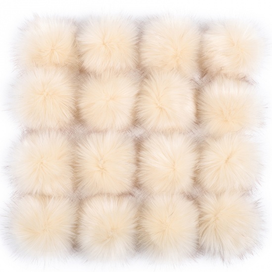 Picture of Artificial Fiber Verdeckter Knopf Pom Pom Balls With Snap Button Creamy-White Ball Faux Fox Fur 8cm Dia., 6 PCs