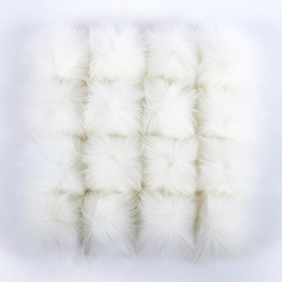 Picture of Artificial Fiber Verdeckter Knopf Pom Pom Balls With Snap Button White Ball Faux Fox Fur 8cm Dia., 6 PCs