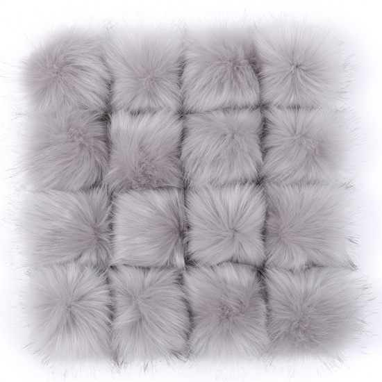 Picture of Artificial Fiber Verdeckter Knopf Pom Pom Balls With Snap Button French Gray Ball Faux Fox Fur 8cm Dia., 6 PCs