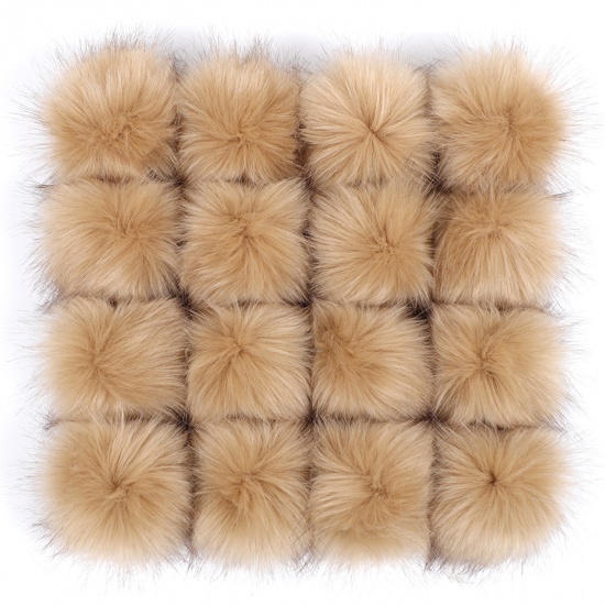 Picture of Artificial Fiber Verdeckter Knopf Pom Pom Balls With Snap Button Khaki Ball Faux Fox Fur 8cm Dia., 6 PCs