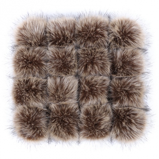 Picture of Artificial Fiber Verdeckter Knopf Pom Pom Balls With Snap Button Brown Ball Faux Fox Fur 8cm Dia., 6 PCs
