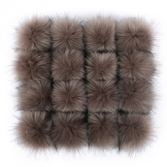 Picture of Artificial Fiber Verdeckter Knopf Pom Pom Balls With Snap Button Light Coffee Ball Faux Fox Fur 8cm Dia., 6 PCs