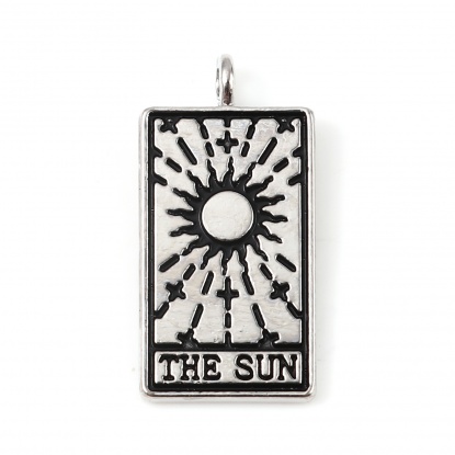 亜鉛合金 タロット チャーム 長方形 シルバートーン 黒 文字 " THE SUN " 26mm x 13mm、 5 個 の画像