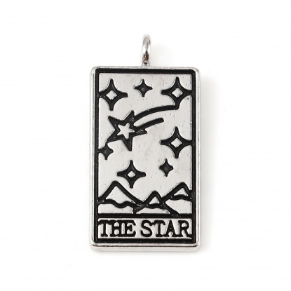 亜鉛合金 タロット チャーム 長方形 シルバートーン 黒 文字 " THE STAR " 26mm x 13mm、 5 個 の画像