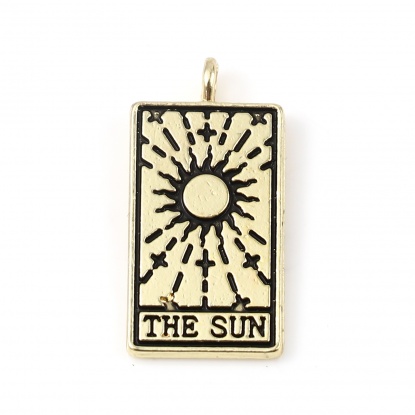 亜鉛合金 タロット チャーム 長方形 金メッキ 黒 文字 " THE SUN " 26mm x 13mm、 5 個 の画像