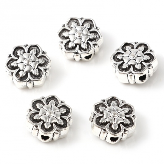 Picture of Zinc Based Alloy Spacer Beads Flower Antique Silver Color About 11mm x 11mm, Hole: Approx 1.8mm, 50 PCs