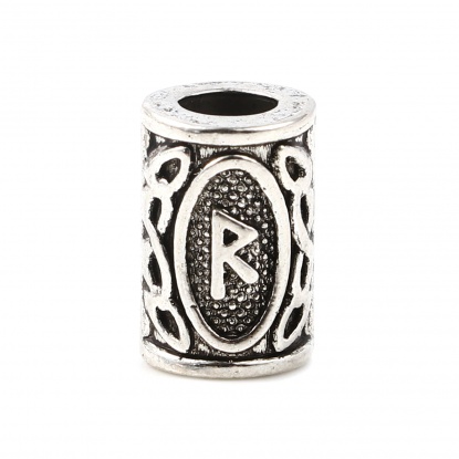 Picture of Zinc Based Alloy Spacer Hair Braiding Dreadlock Beads Cylinder Antique Silver Color Viking Rune About 13mm x 8mm, Hole: Approx 4.7mm, 30 PCs