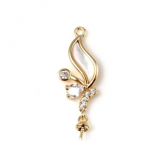Picture of Shell & Copper Pearl Pendant Connector Bail Pin Cap 18K Real Gold Plated White Leaf Clear Rhinestone 27mm x 9mm, 1 Piece