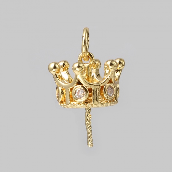 Picture of Copper Pearl Pendant Connector Bail Pin Cap 18K Real Gold Plated Crown Clear Rhinestone 18mm x 12mm, 2 PCs