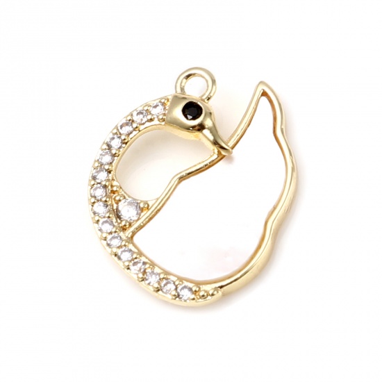 Picture of Shell & Copper Charms Bird Animal 18K Real Gold Plated White Clear Rhinestone 15mm x 13mm, 1 Piece