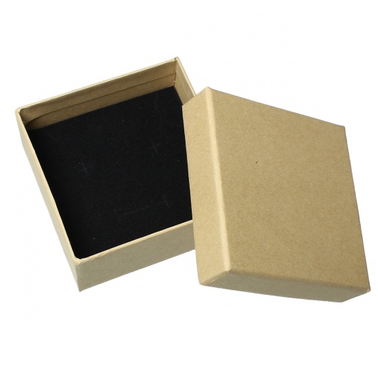 Picture of Kraft Brown Paper & Sponge Jewelry Ring Earrings Gift Boxes Square Light Brown 84mm(3 2/8") x 84mm(3 2/8"), 2 PCs