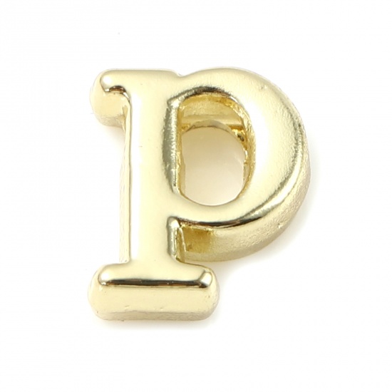 Immagine di Lega di Zinco Perline Lettere Minuscole Oro Placcato Lettere " p " Circa 8mm x 7mm, Foro:Circa 1.3mm, 20 Pz