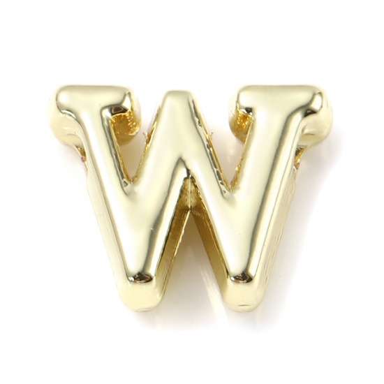 Immagine di Lega di Zinco Perline Lettere Minuscole Oro Placcato Lettere " w " Circa 10mm x 8mm, Foro:Circa 1.3mm, 20 Pz