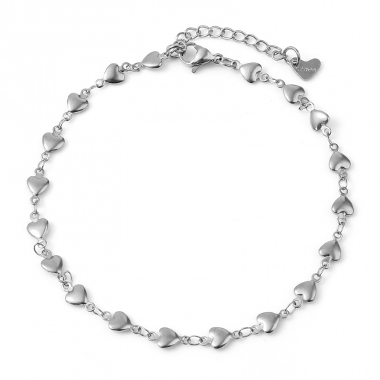 Picture of Stainless Steel Valentine's Day Anklet Silver Tone Heart 24cm - 22.5cm long, 1 Piece