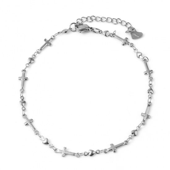Picture of Stainless Steel Religious Anklet Silver Tone Cross Heart 23.5cm - 23cm long, 1 Piece