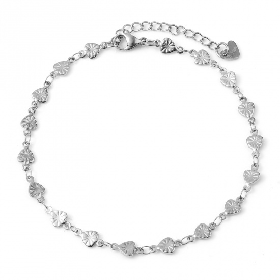 Picture of Stainless Steel Valentine's Day Anklet Silver Tone Heart Stripe 23.5cm - 23cm long, 1 Piece