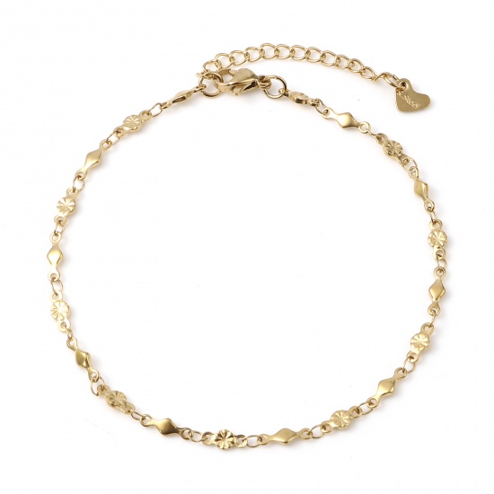 Picture of Stainless Steel Anklet Gold Plated Rhombus Flower 23.5cm - 23cm long, 1 Piece