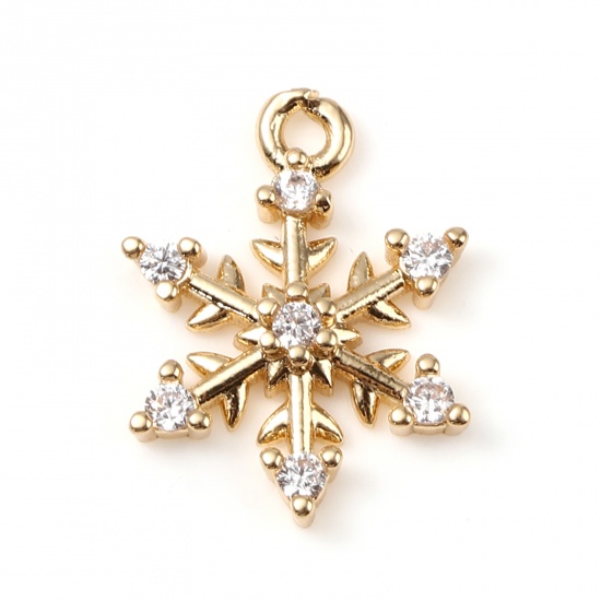 Picture of Copper Micro Pave Charms Gold Plated Christmas Snowflake Clear Rhinestone 14mm x 11mm, 5 PCs