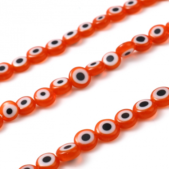 Bild von Muranoglas Religiös Millefiori-Perlen Flachrund Orangerot Böser Blick Evil Eye ca 6mm D., Loch:ca. 1mm, 36cm lang, 1 Strang (ca. 65 Stücke/Strang)