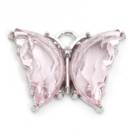 Picture of Zinc Based Alloy & Resin Insect Charms Butterfly Animal Silver Tone Hot Pink 23mm x 19mm - 22mm x 19mm, 10 PCs