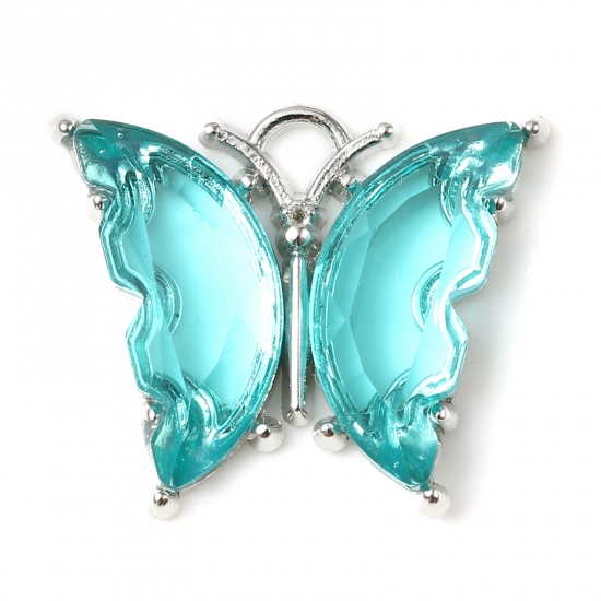 Picture of Zinc Based Alloy & Resin Insect Charms Butterfly Animal Silver Tone Cyan 23mm x 19mm - 22mm x 19mm, 10 PCs