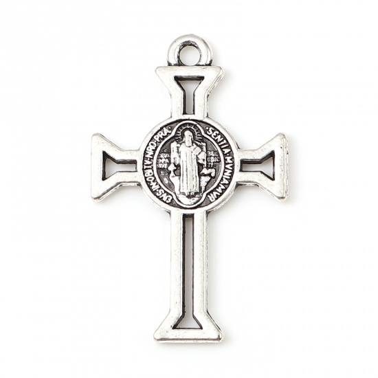 Picture of Zinc Based Alloy Religious Pendants Cross Antique Silver Color Jesus 3.4cm x 2.1cm, 50 PCs