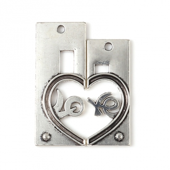 Picture of Zinc Based Alloy Pendants Rectangle Antique Silver Color Heart Message " LOVE " 3.5cm x 1.4cm 3cm x 1.2cm, 10 Sets ( 2 PCs/Set)