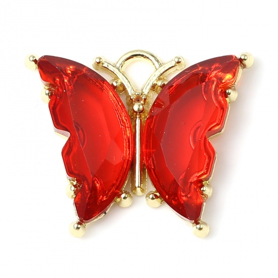 Picture of Zinc Based Alloy & Resin Insect Charms Butterfly Animal Gold Plated Red 23mm x 19mm - 22mm x 19mm, 10 PCs