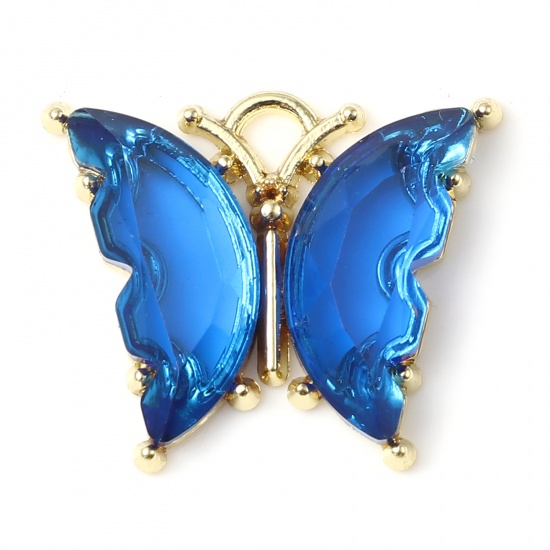 Picture of Zinc Based Alloy & Resin Insect Charms Butterfly Animal Gold Plated Dark Blue 23mm x 19mm - 22mm x 19mm, 10 PCs