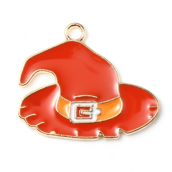 Picture of Zinc Based Alloy Charms Halloween Witch Hat KC Gold Plated Orange-red Enamel 26mm x 22mm, 10 PCs