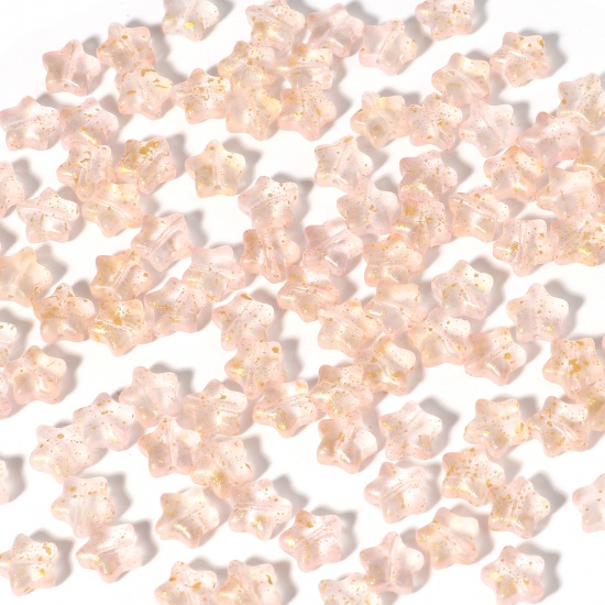 Picture of Lampwork Glass Galaxy Beads Pentagram Star Peach Pink Glitter About 8mm x 8mm, Hole: Approx 1mm, 50 PCs
