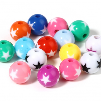 Picture of Acrylic Beads Round At Random Color Pentagram Star Pattern About 12mm Dia., Hole: Approx 2.9mm, 30 PCs