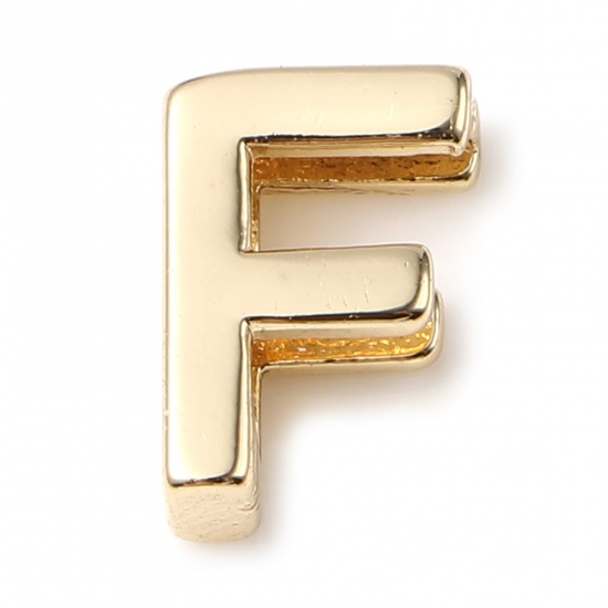 Picture of Copper Beads 14K Real Gold Plated Capital Alphabet/ Letter Message " F " About 9mm x 6mm, 5 PCs