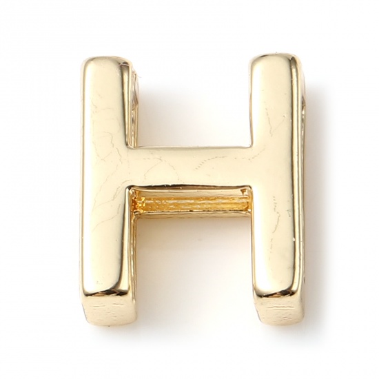 Picture of Copper Beads 14K Real Gold Plated Capital Alphabet/ Letter Message " H " About 9mm x 8mm, 5 PCs