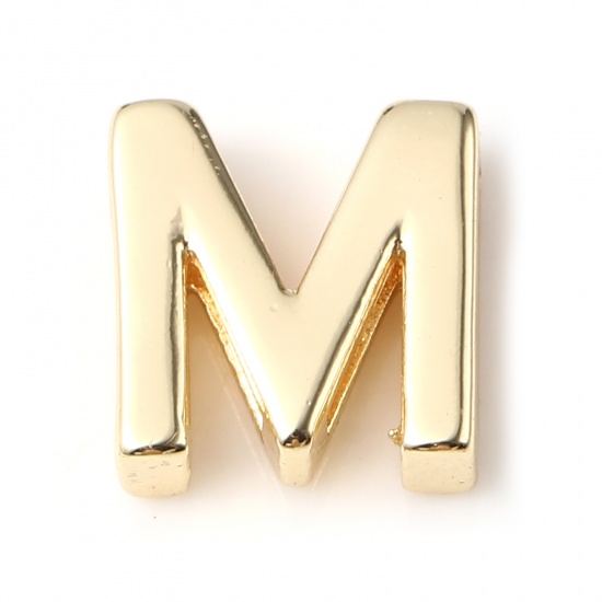 Picture of Copper Beads 14K Real Gold Plated Capital Alphabet/ Letter Message " M " About 9mm x 9mm, 5 PCs