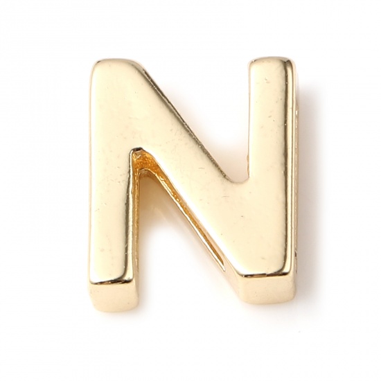 Picture of Copper Beads 14K Real Gold Plated Capital Alphabet/ Letter Message " N " About 9mm x 8mm, 5 PCs