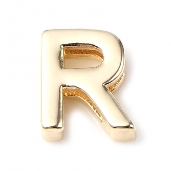 Picture of Copper Beads 14K Real Gold Plated Capital Alphabet/ Letter Message " R " About 9mm x 7mm, 5 PCs