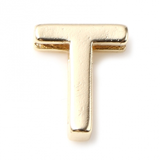 Picture of Copper Beads 14K Real Gold Plated Capital Alphabet/ Letter Message " T " About 9mm x 7mm, 5 PCs