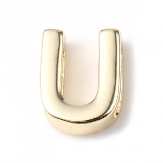 Picture of Copper Beads 14K Real Gold Plated Capital Alphabet/ Letter Message " U " About 9mm x 7mm, 5 PCs